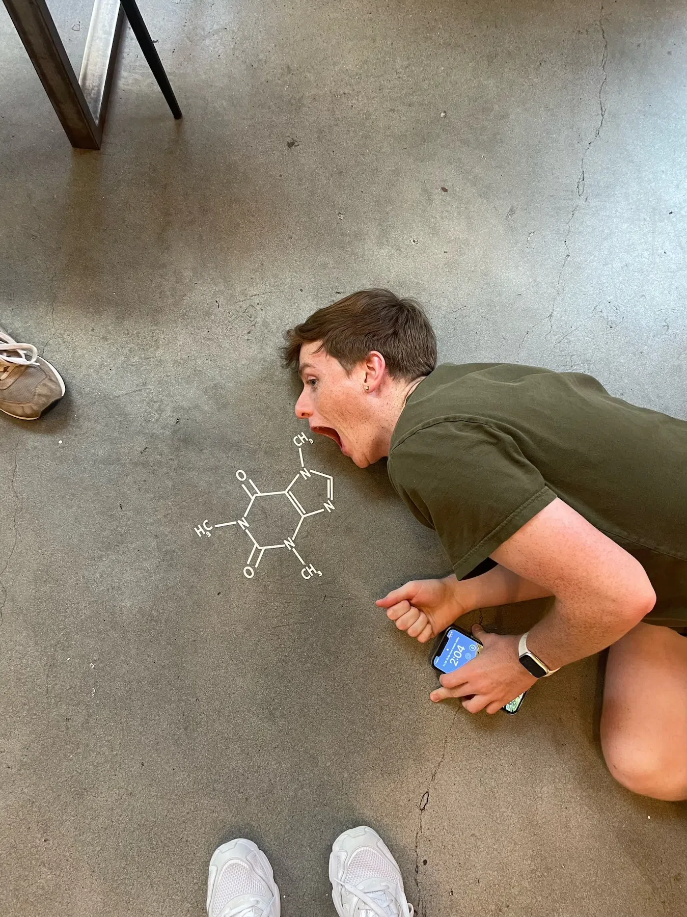 I let out my science nerdiness when I saw C8H10N4O2 painted across the floor.