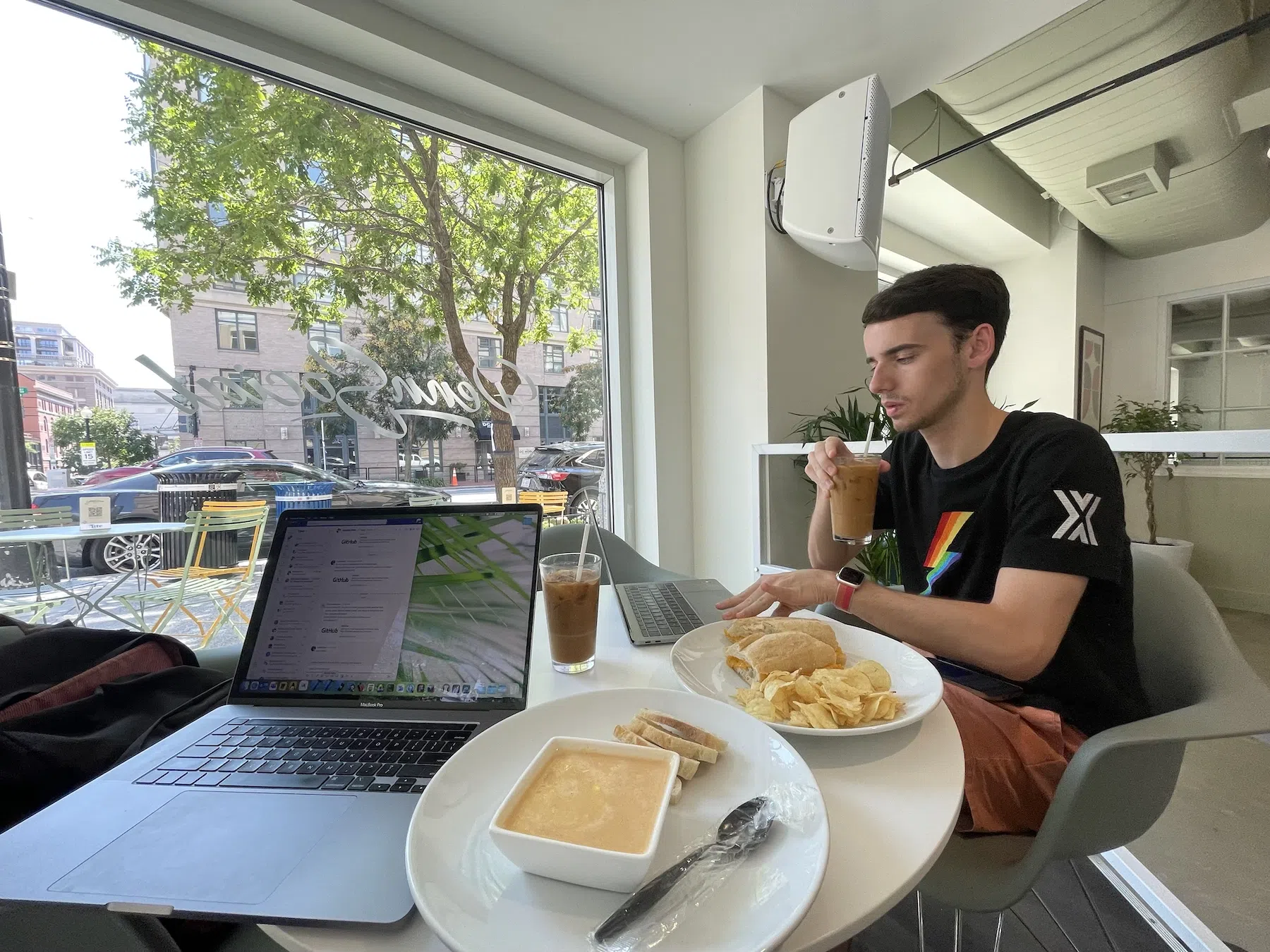 Parker works on his music while we snack on a grilled cheese, tomato soup, and some iced vanilla lattes.