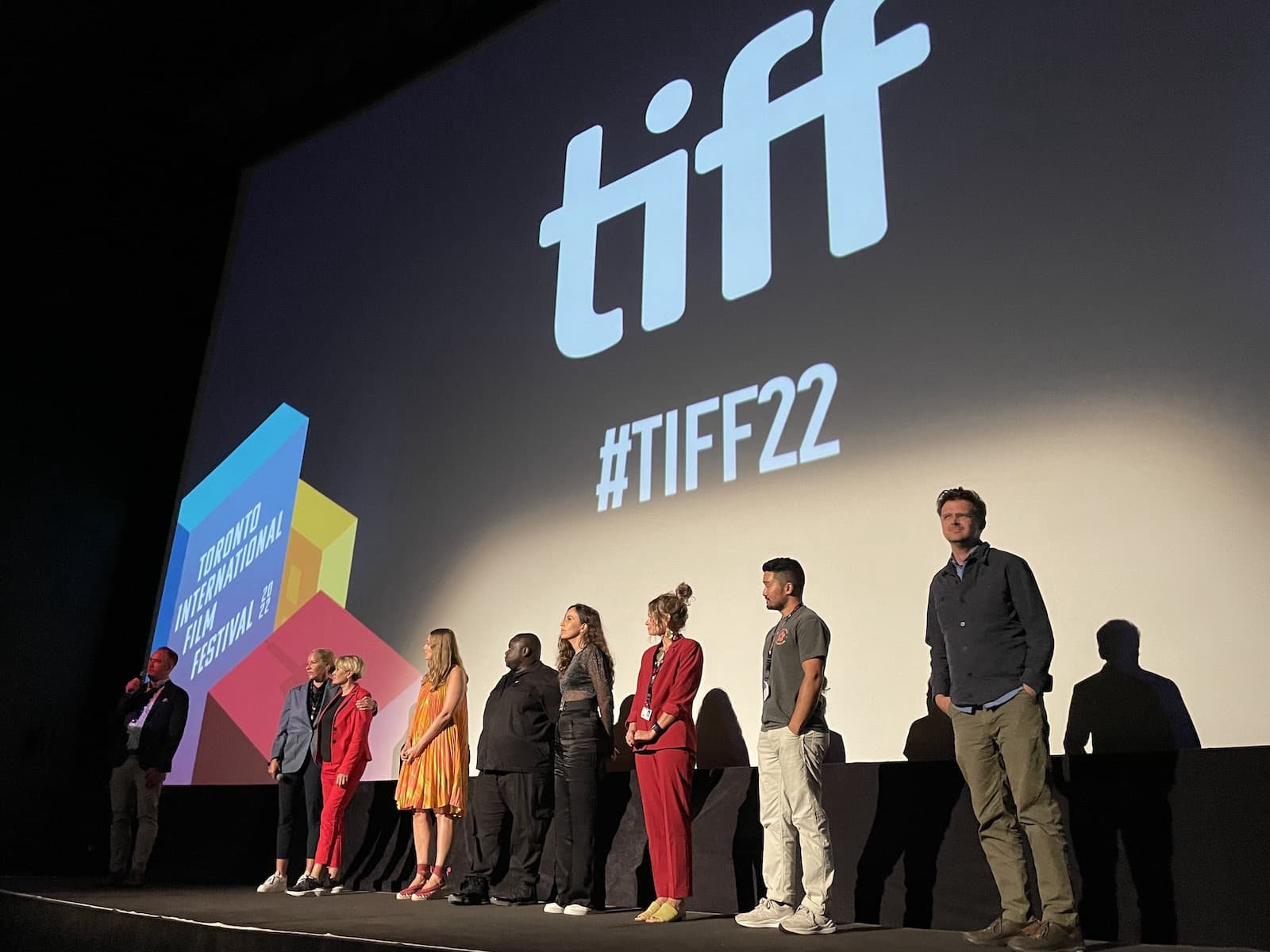 From left: TIFF moderator, Sarah McCarthy, Anastasia, Emilie Mannering, Mbithi Masya, Sofia El Khyari, Hazel McKibbin, Lloyd Lee Choi, Matthew Rankin